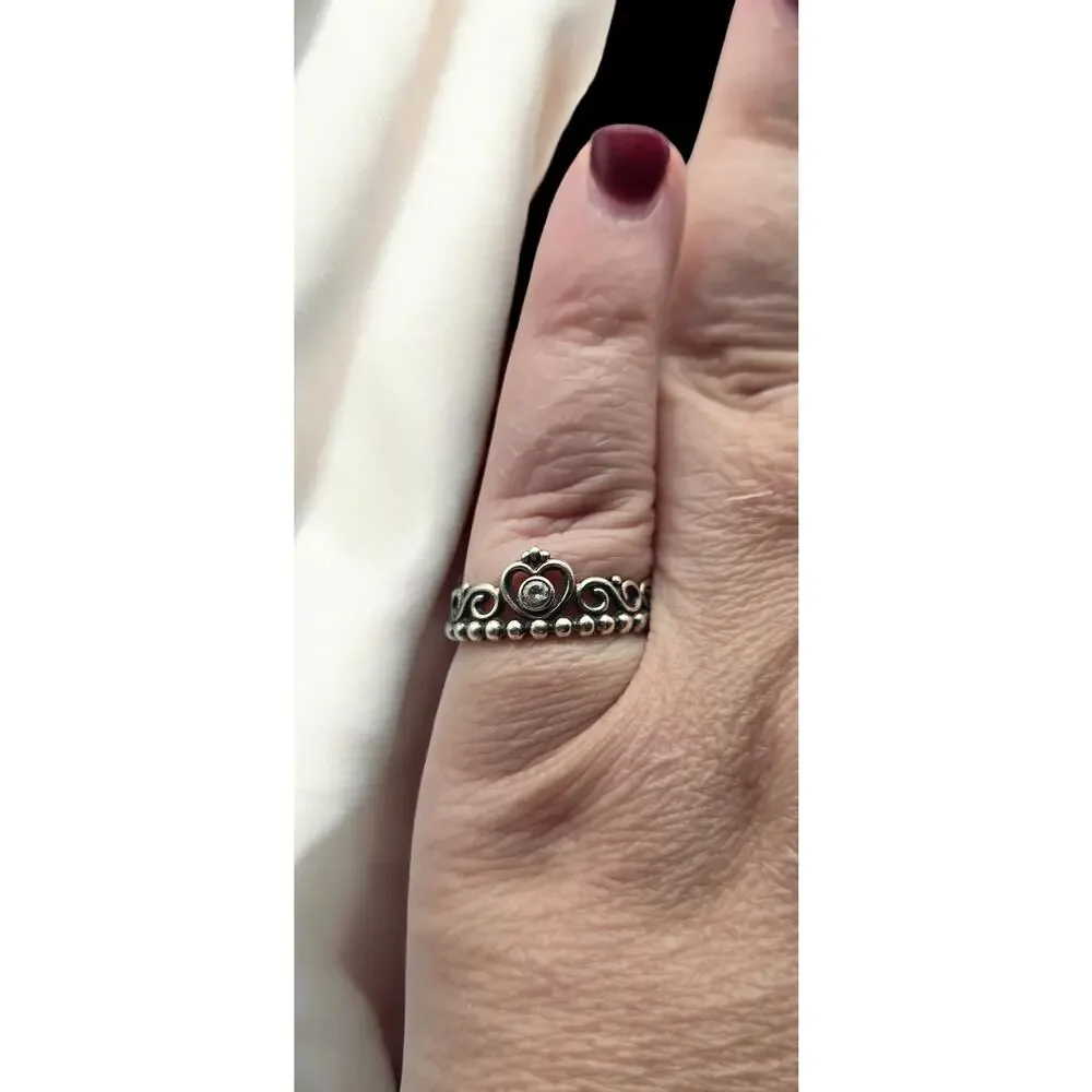 Pandora Princess Tiara Crown Ring Sterling Silver Size 7.5 CZ – Romantic Gift